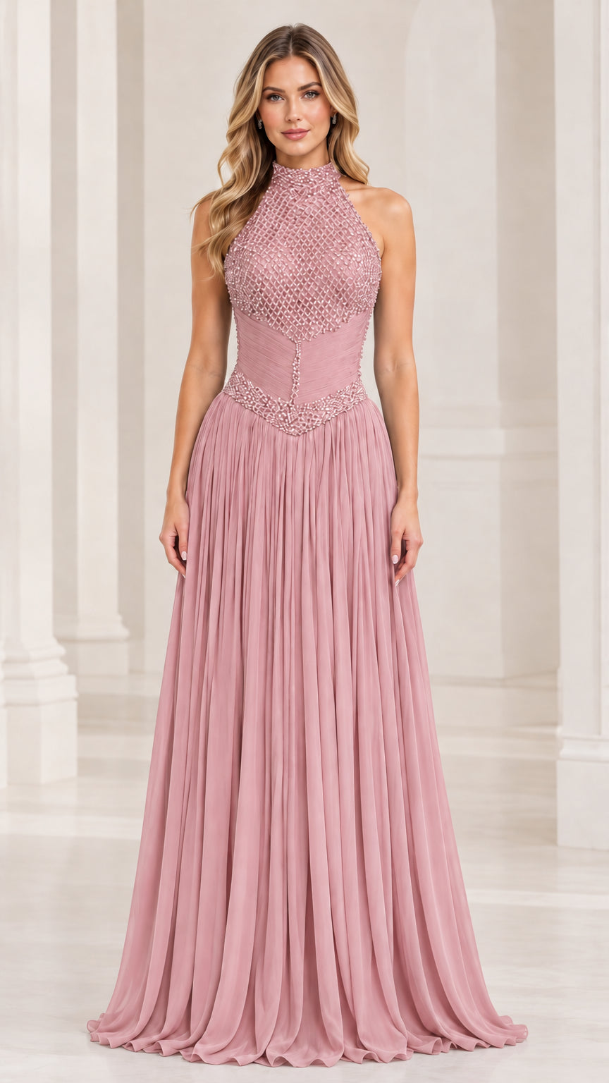 Front view of model wearing a dusty rose high-neck halter beaded pleated chiffon gown