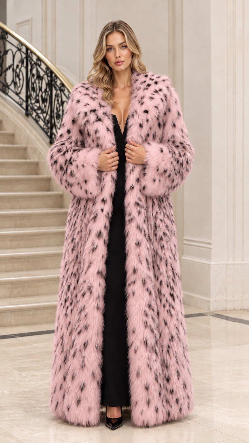 Front view of woman wearing dusty pink spotted faux fur maxi coat