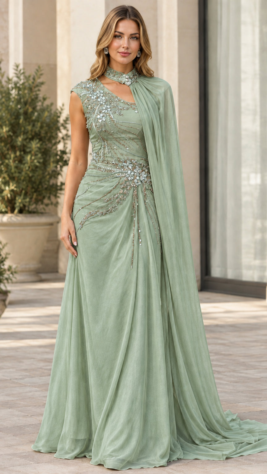 Sage Green embellished mock neck cape evening gown
