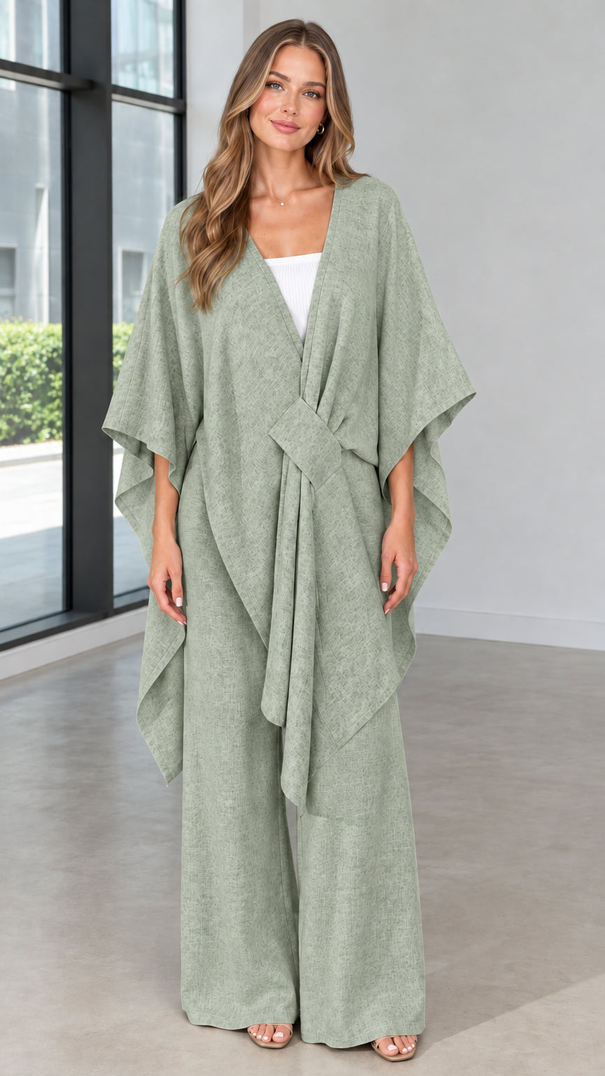 Front view of woman wearing sage green draped kimono top and wide leg pants set