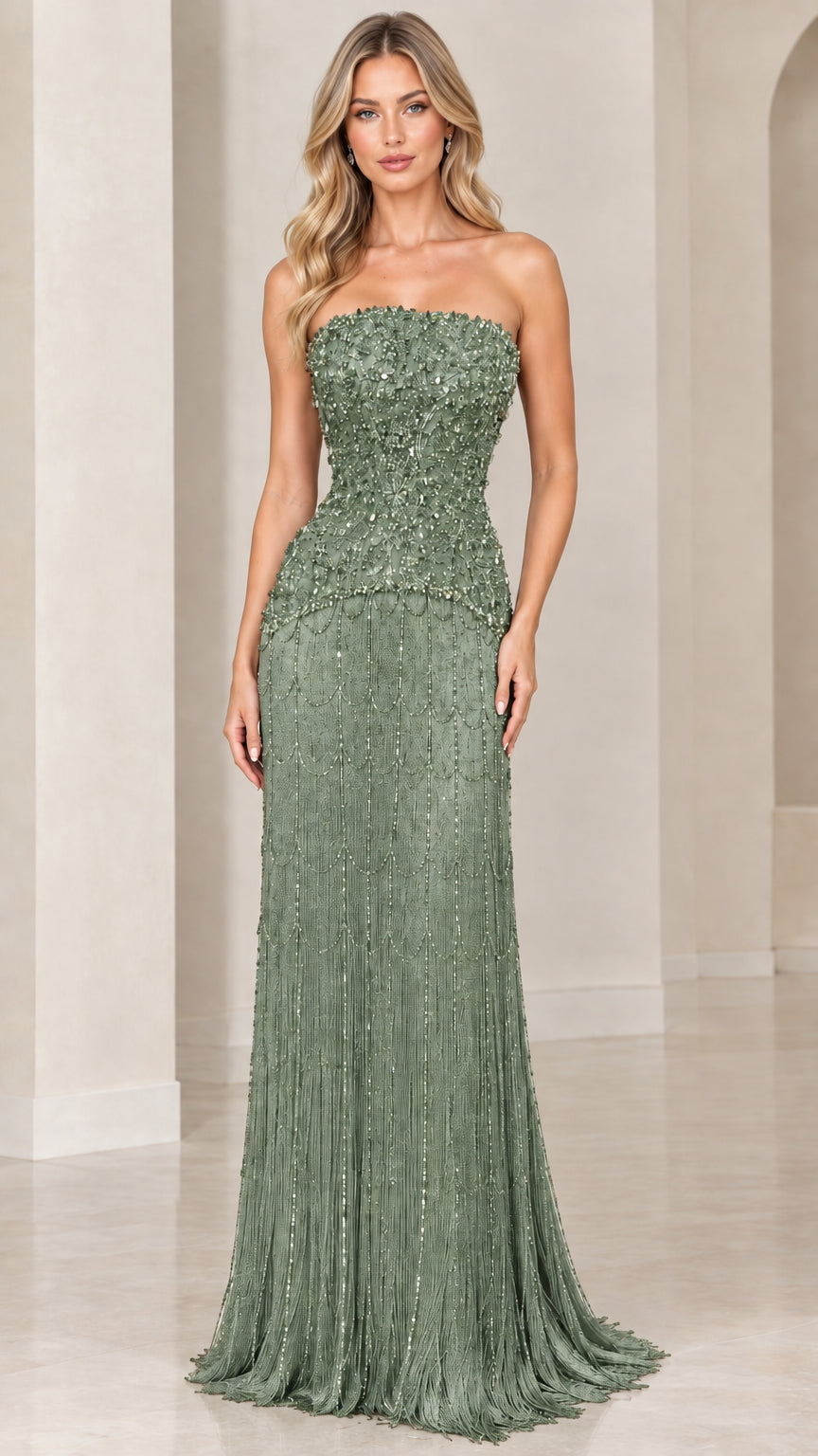 Model wearing sage green strapless embellished maxi gown