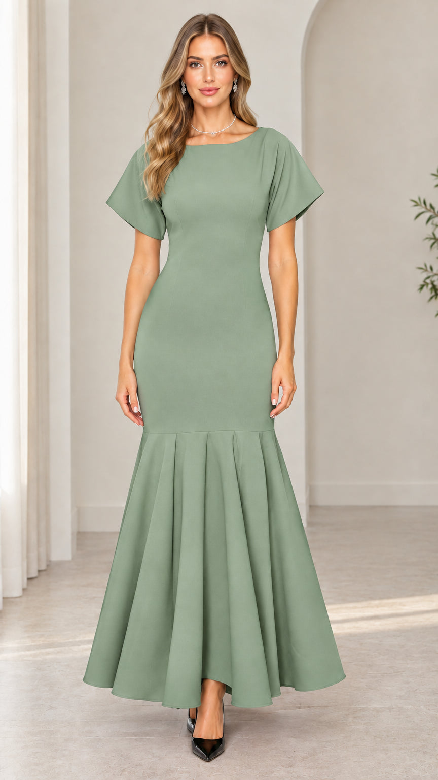 Front view of woman wearing sage green short sleeve mermaid maxi dress
