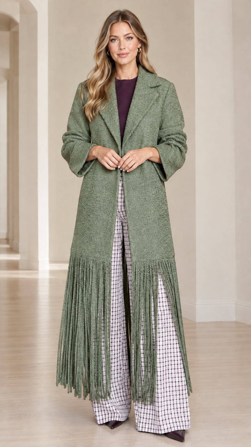 Model wearing Sage Green textured bouclé fringe hem longline coat