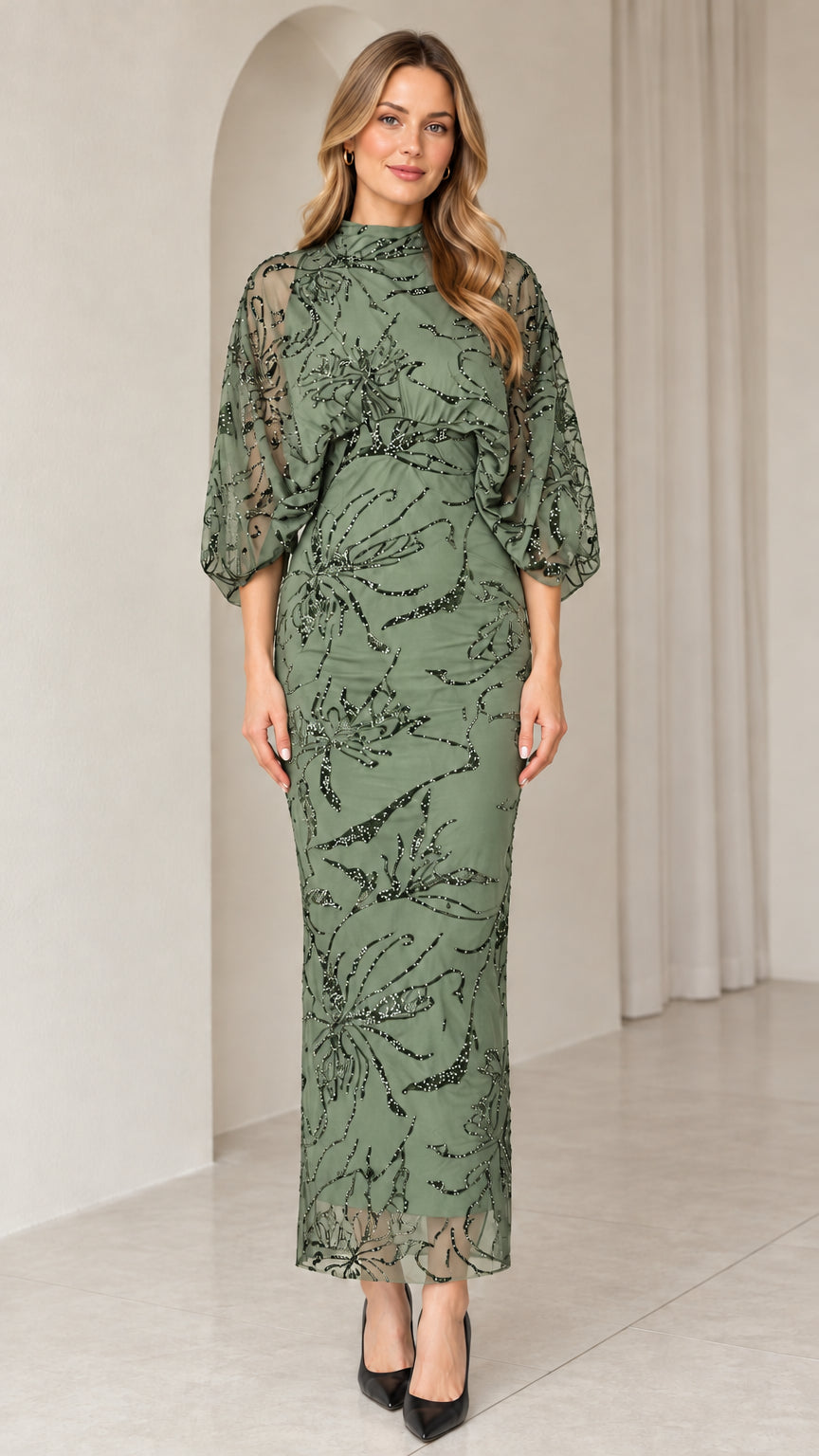 Sage green beaded mock neck formal evening gown