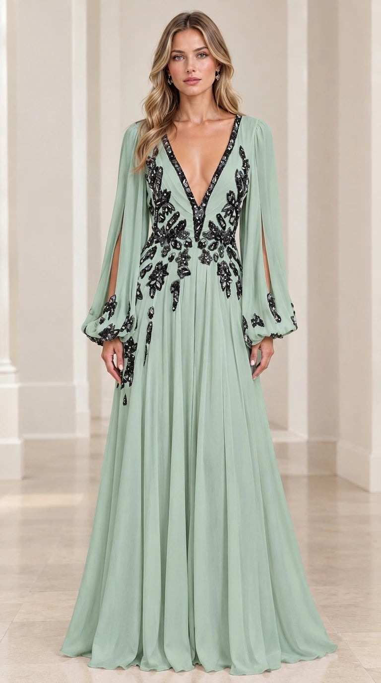 Model wearing sage green pleated chiffon evening gown with black embroidered accents