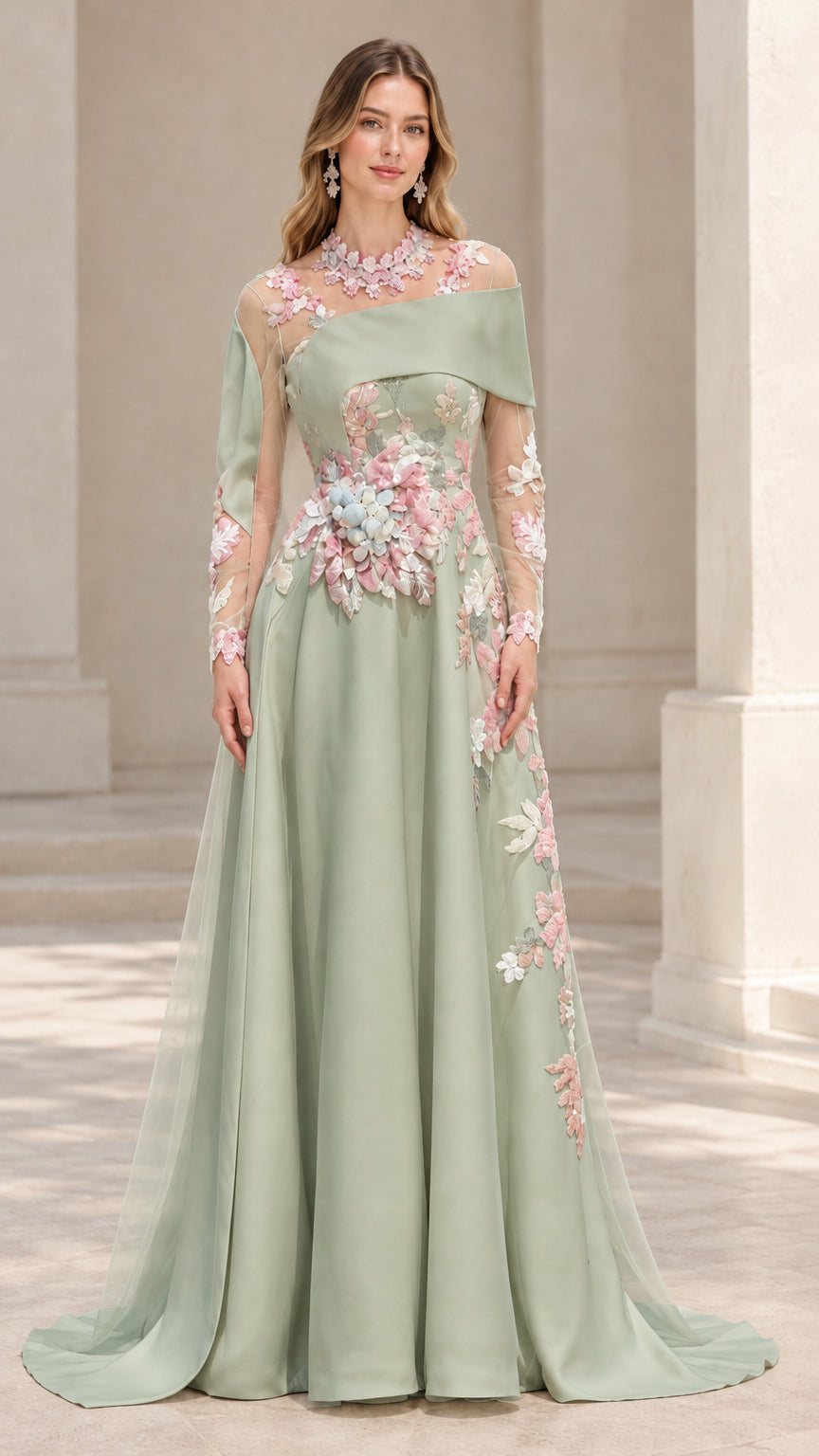 Front view of the floral embroidered formal gown in Sage Green