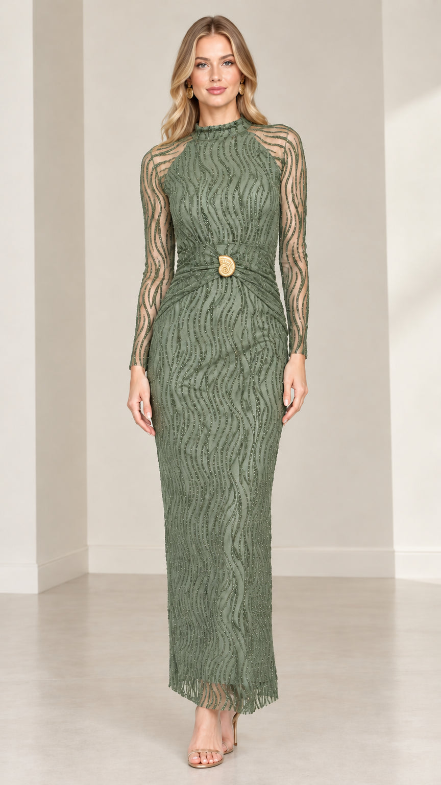 Front view of model wearing sage green mock neck embellished maxi dress