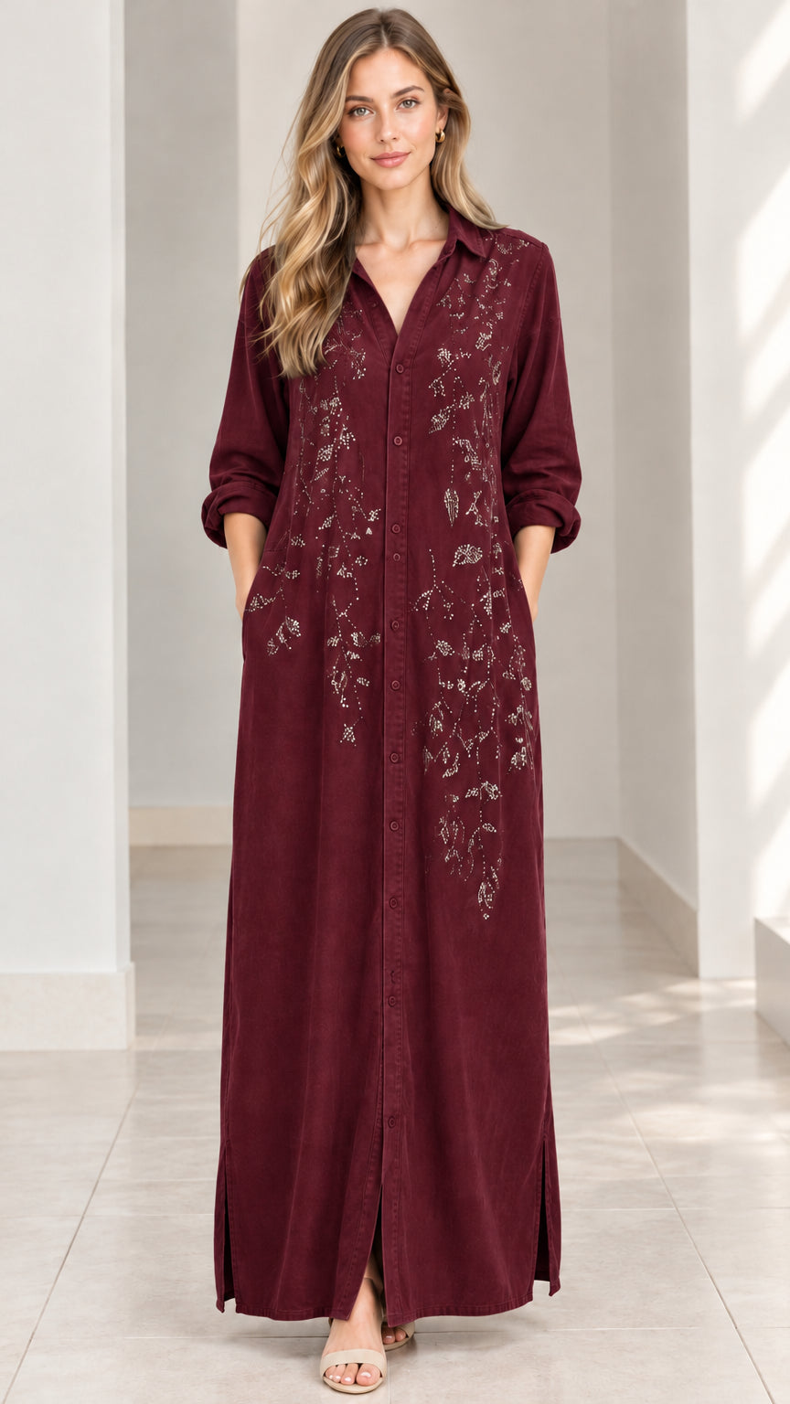 Front view of woman wearing burgundy wine red embroidered maxi shirt dress