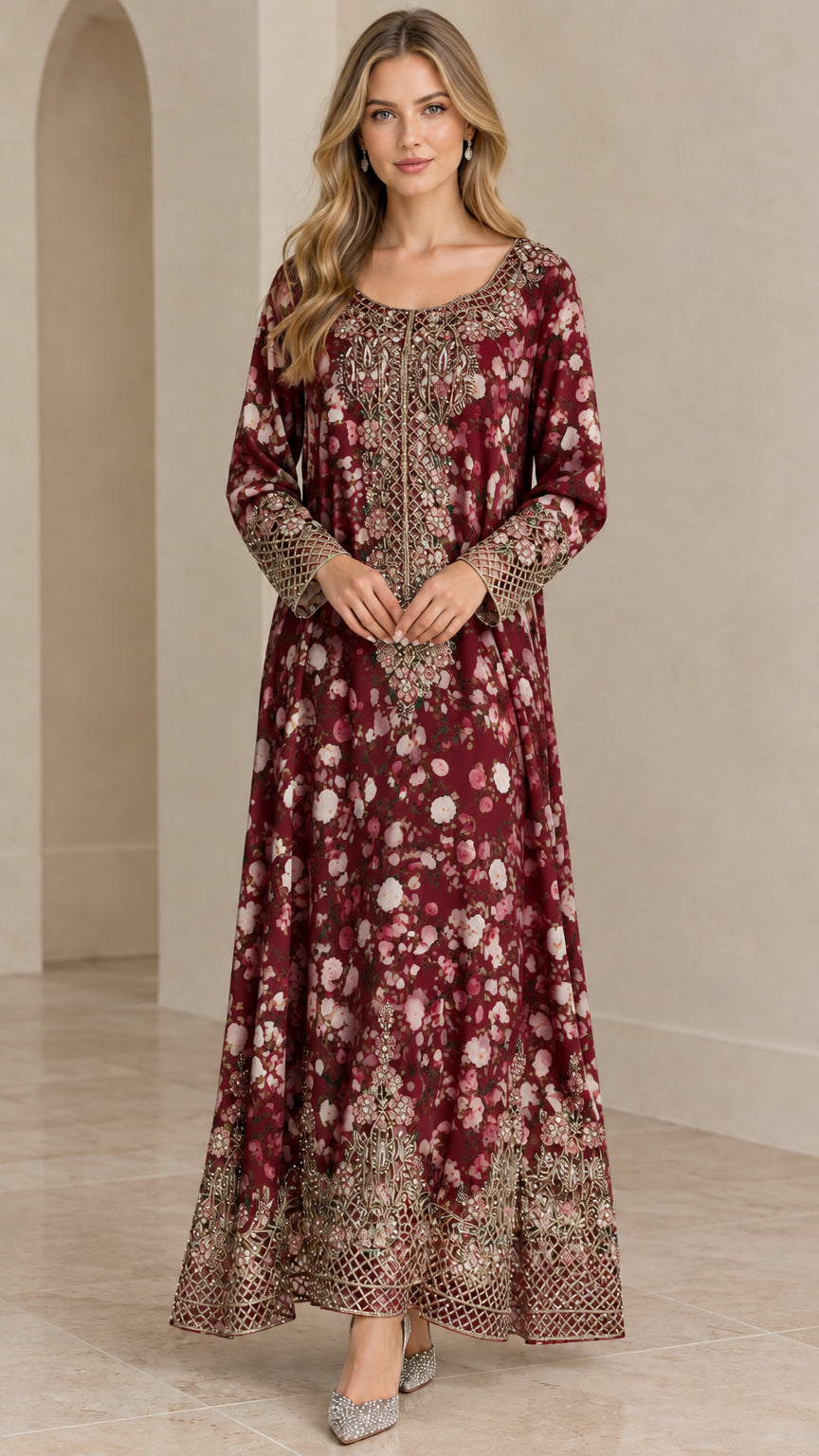 Burgundy floral embroidered long sleeve maxi dress front view