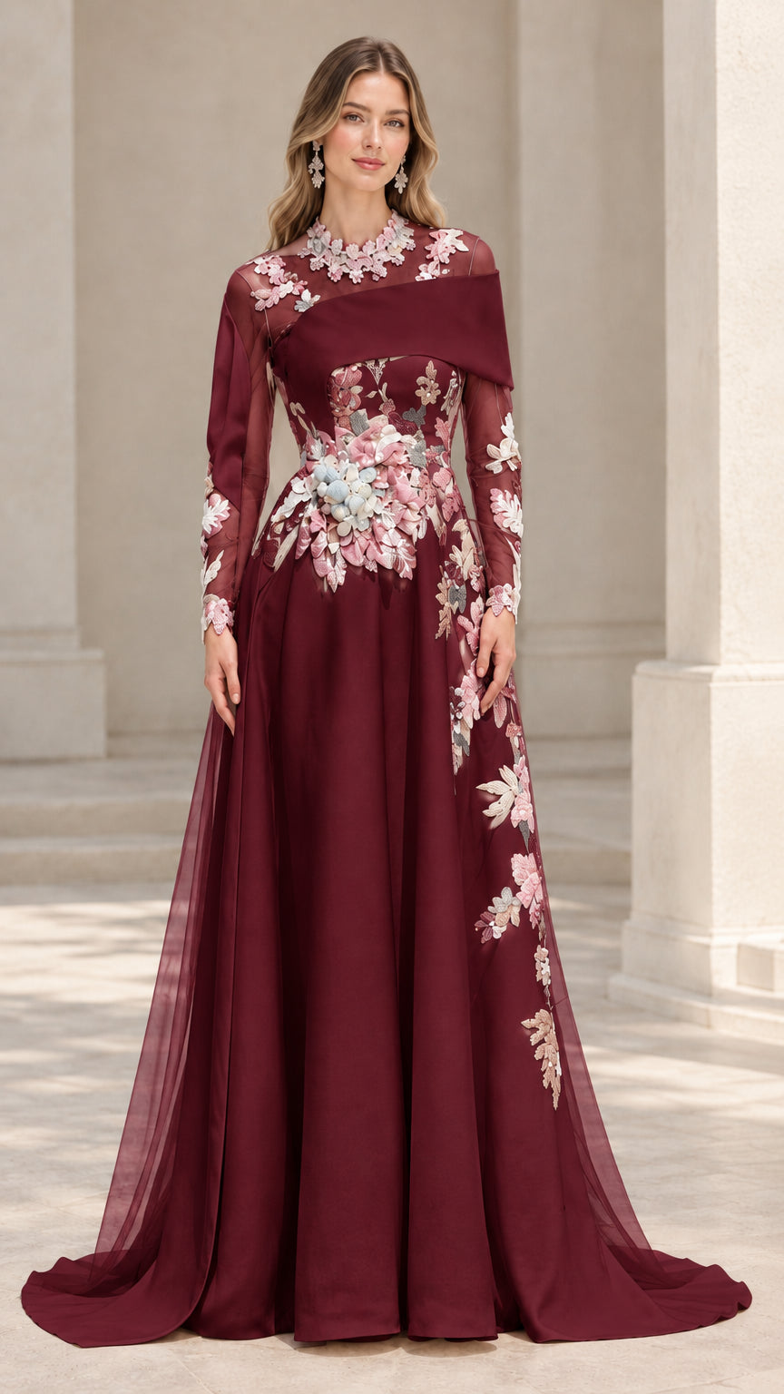 Front view of the floral embroidered formal gown in Burgundy