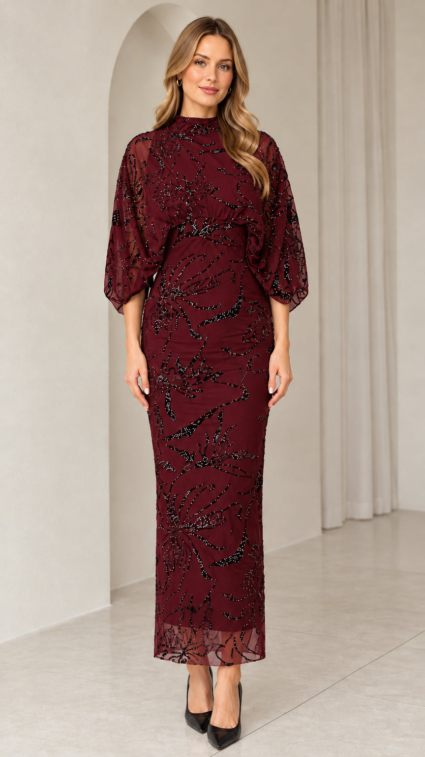 Burgundy wine beaded mock neck column evening dress
