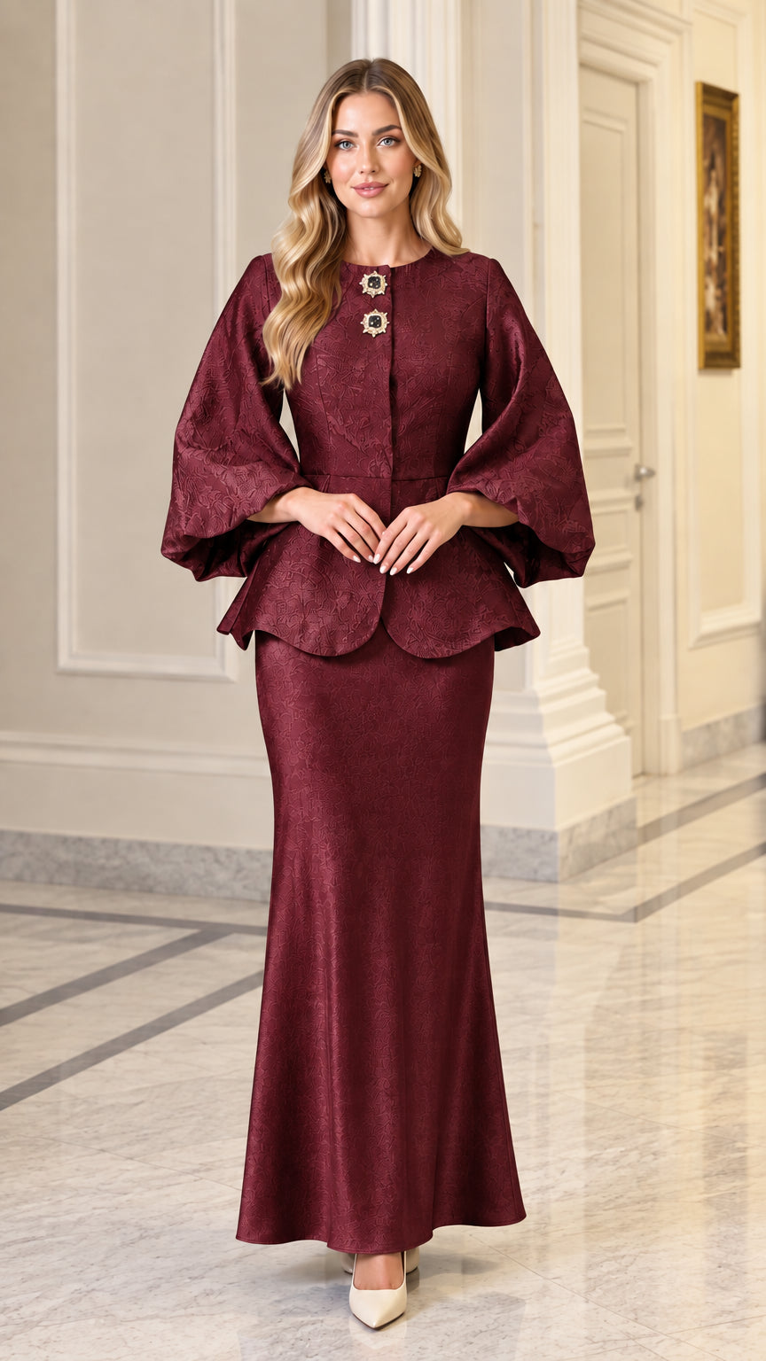 Model wearing burgundy wine red jacquard peplum jacket and maxi skirt