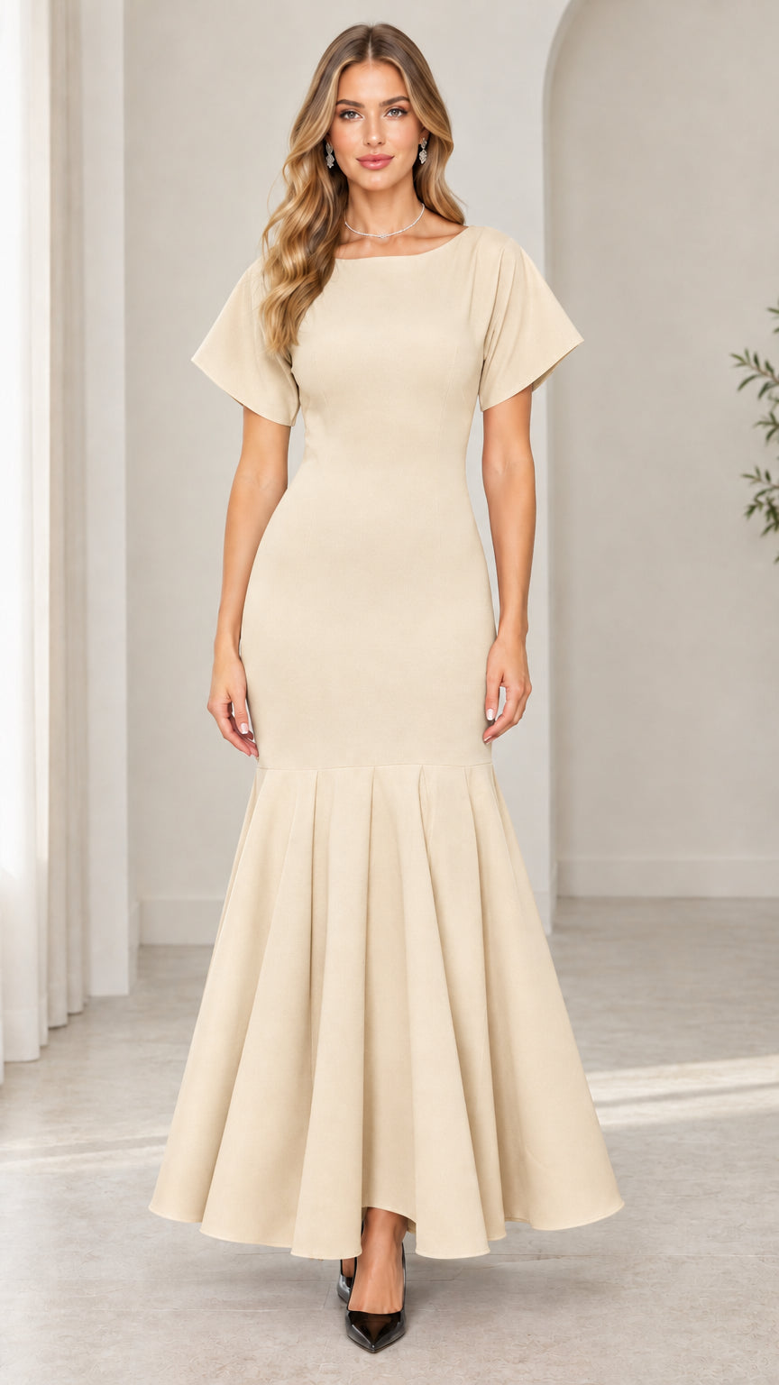 Front view of woman wearing cream beige short sleeve mermaid formal gown