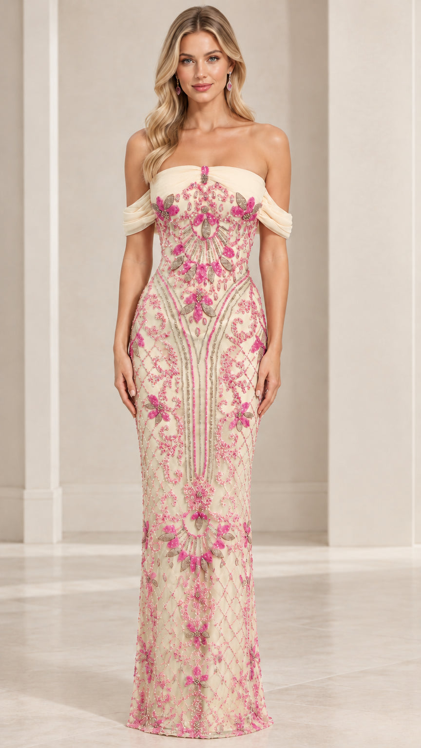 Champagne off-the-shoulder sequin beaded formal maxi gown