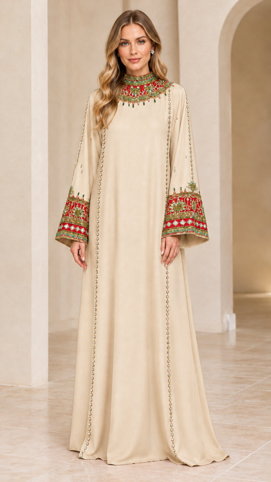 Model wearing Champagne cream beaded trim maxi abaya gown