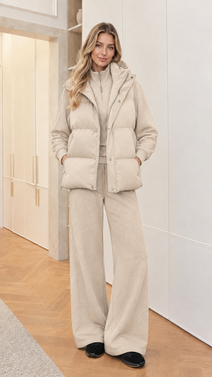 Women's 3-piece hooded puffer vest and lounge set in Beige